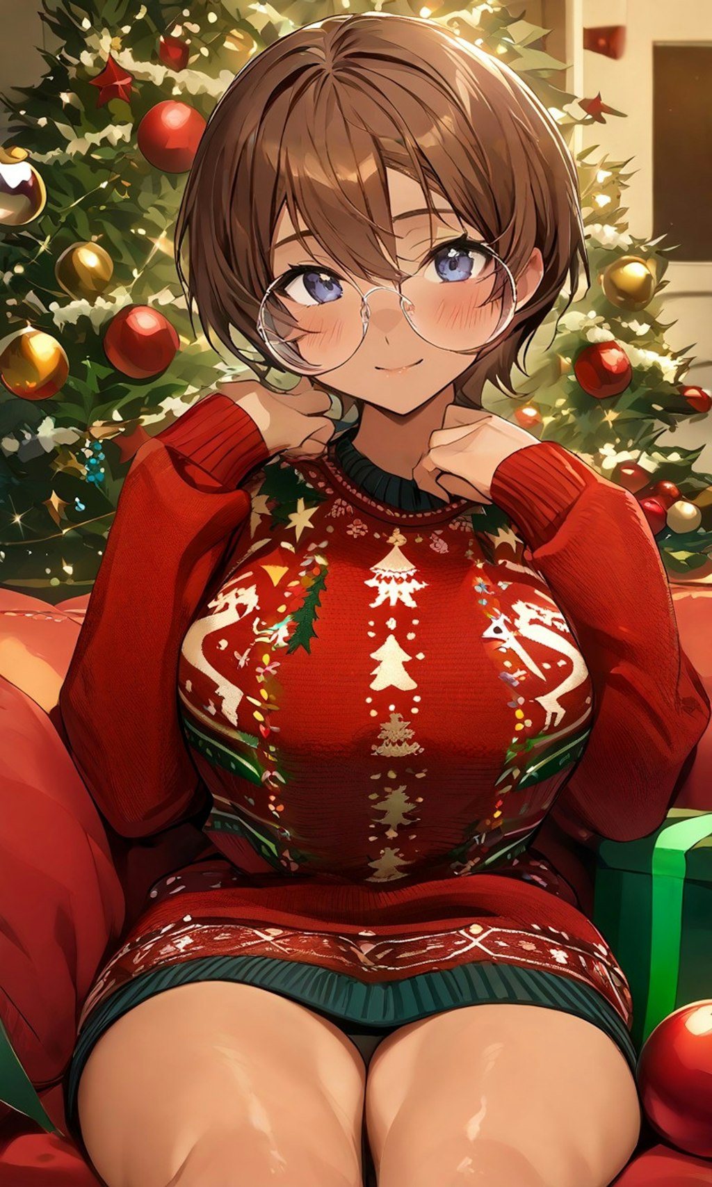 クリスマスセーター姿の眼鏡っ娘