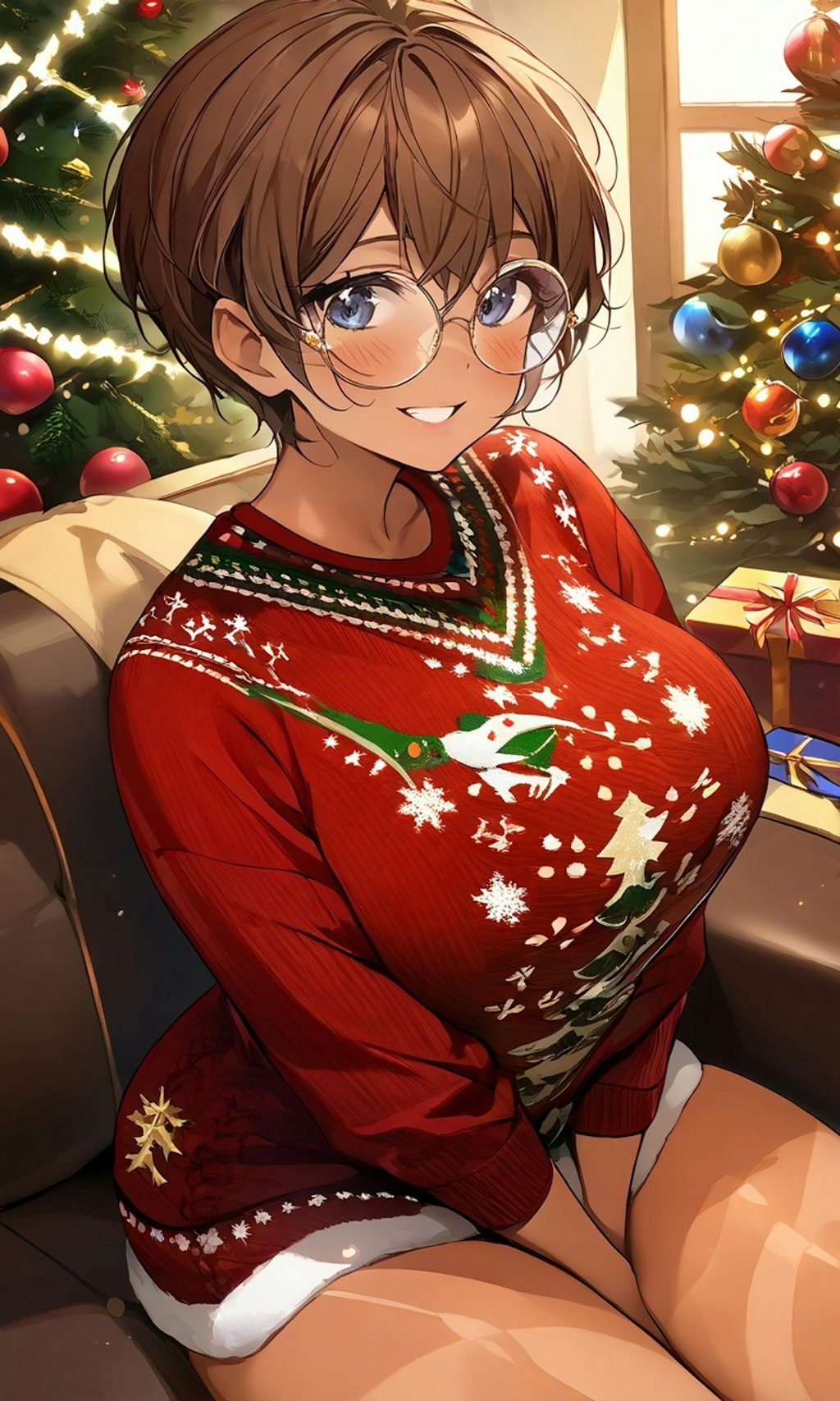 クリスマスセーター姿の眼鏡っ娘