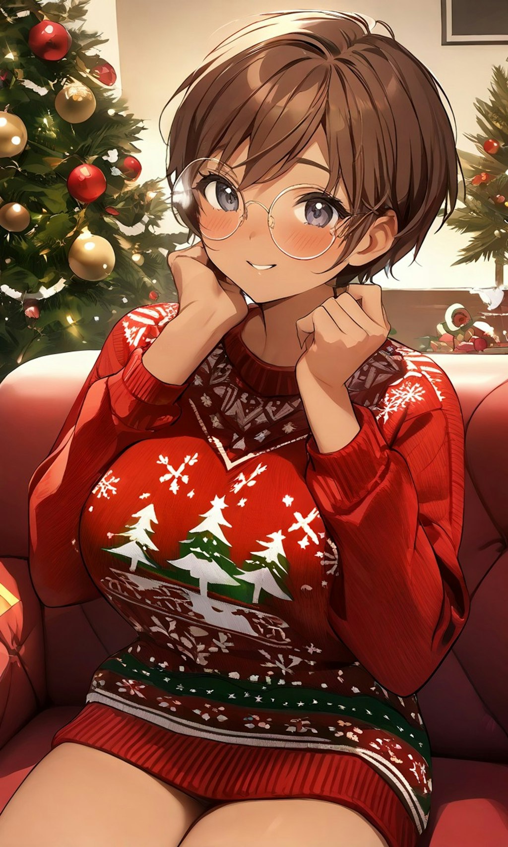 クリスマスセーター姿の眼鏡っ娘