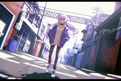 ストリートポートレート　薄紫髪のジャケット女子