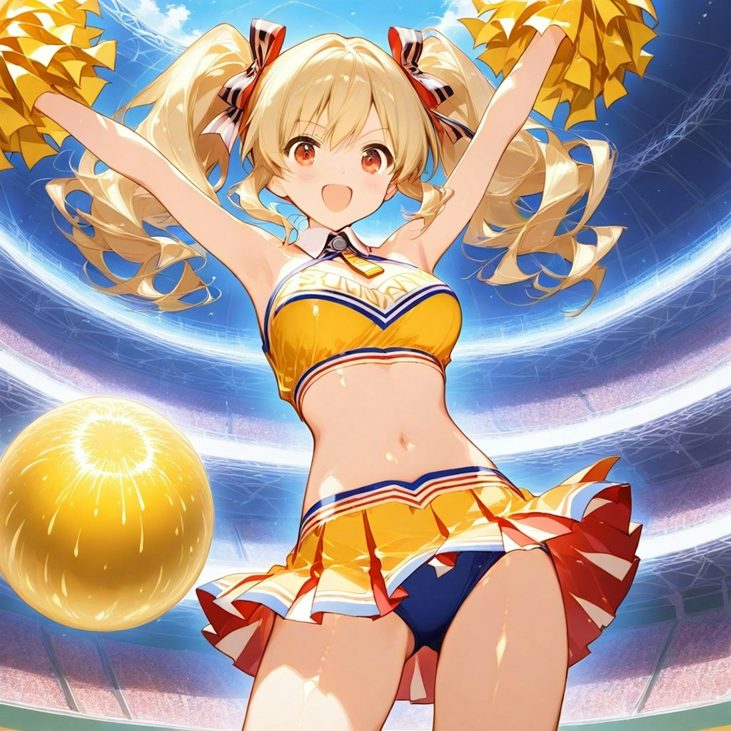 体育館で黄色い風船を膨らませて遊ぶブロンドツインテールのチアガール