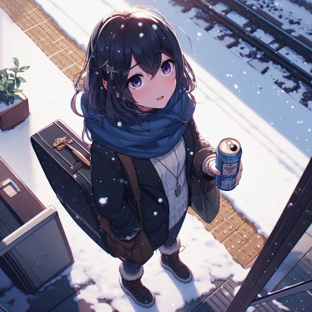 雪を見上げるギター少女