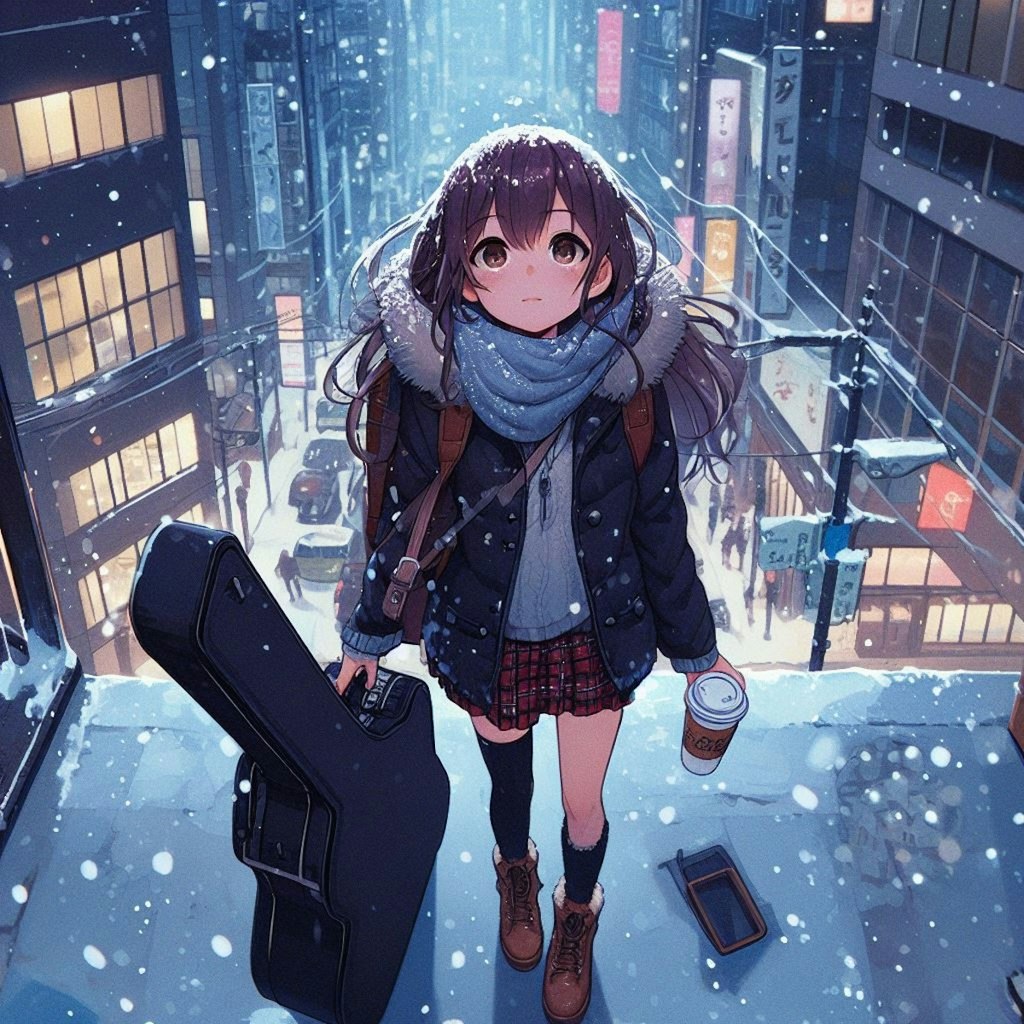 雪を見上げるギター少女