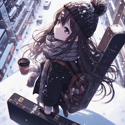 雪を見上げるギター少女