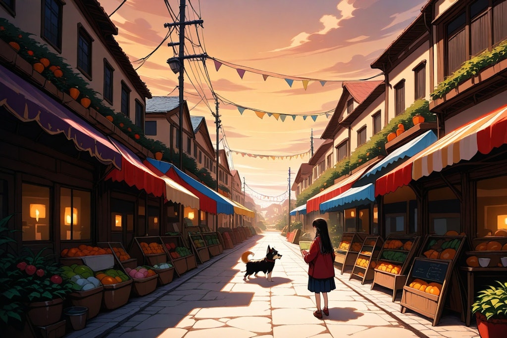 市場、犬、夕方