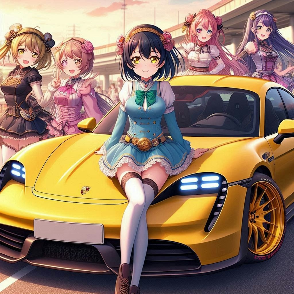 ラブライブキャラとイエローカラーポルシェタイカンのドリ車