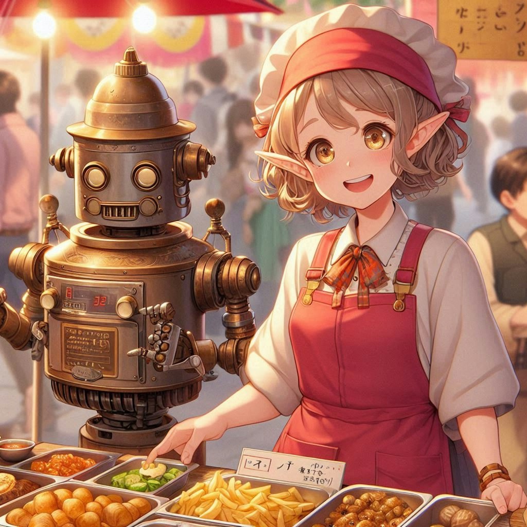 女ドワーフとロボットの出店