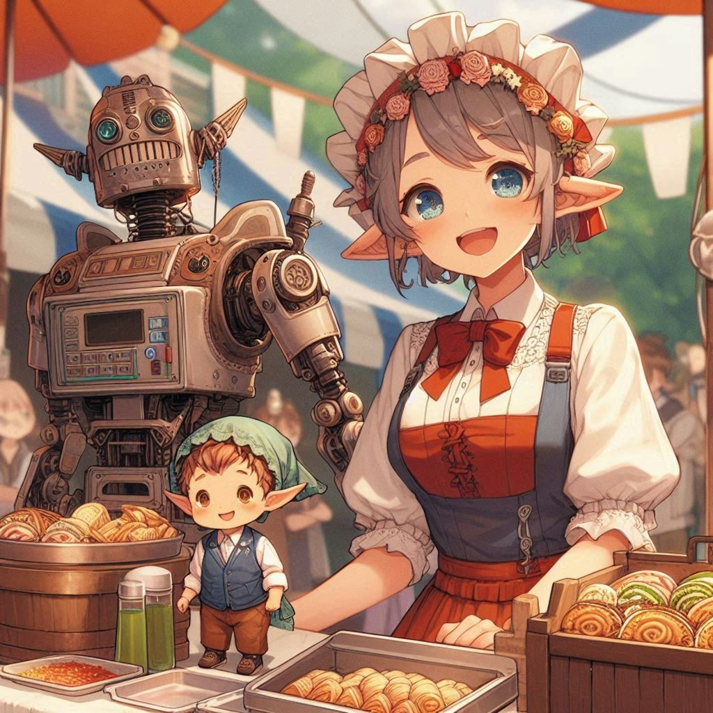 女ドワーフとロボットの出店