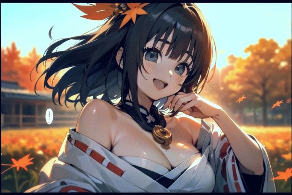 ふたごのオフショル巫女さん紅葉背景