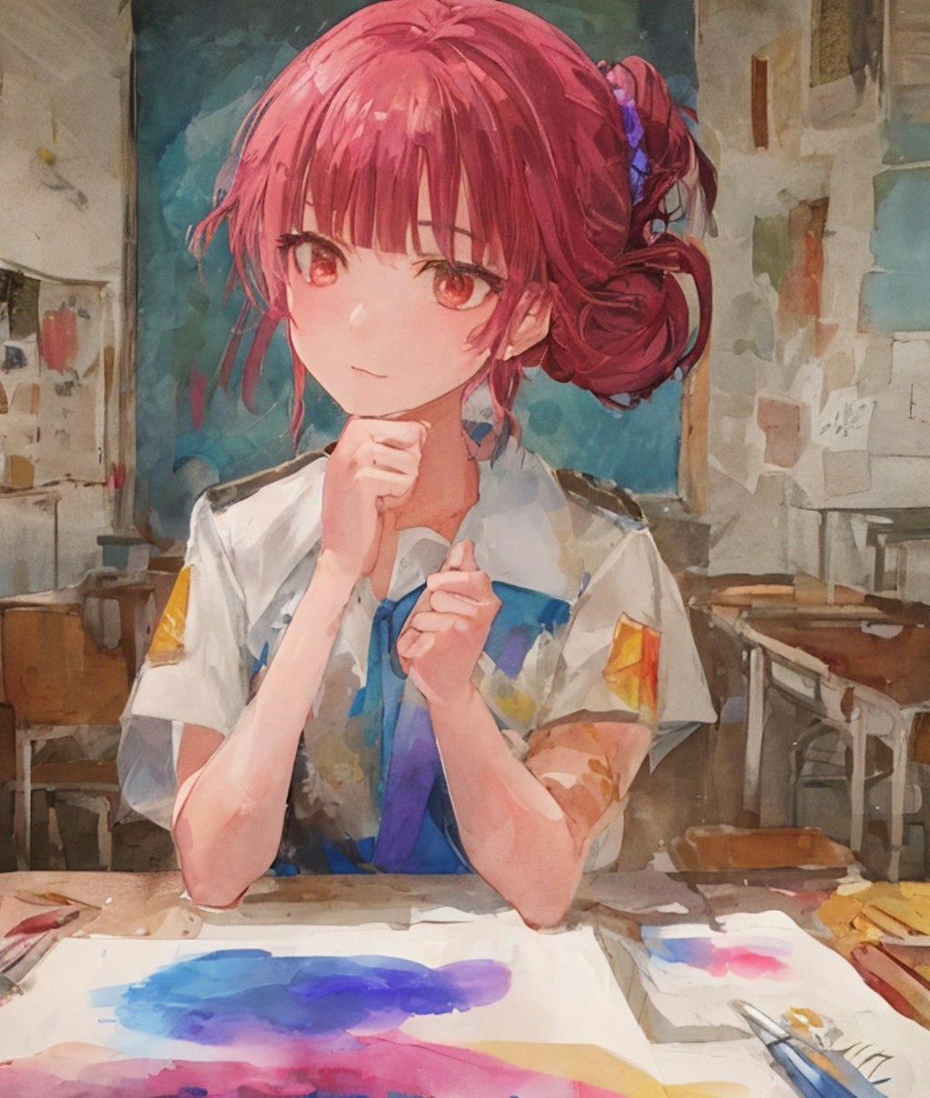 水彩画：悩む少女