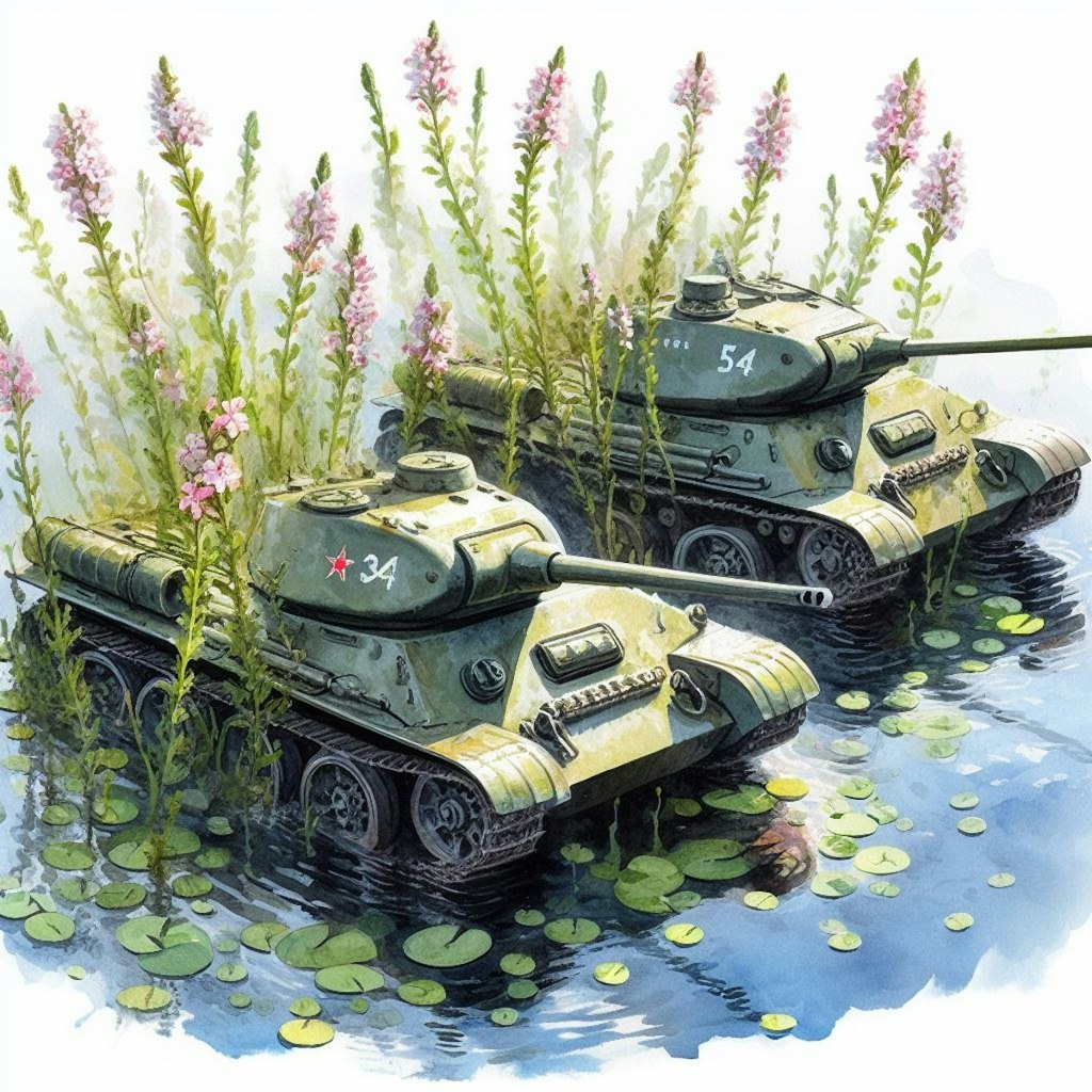 Tanks in duckweed pond