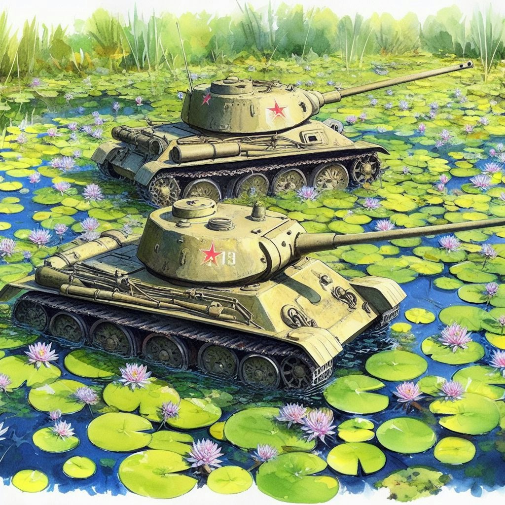 Tanks in duckweed pond