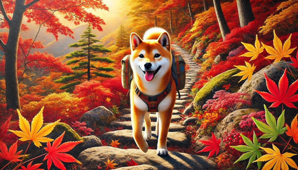 紅葉散歩を楽しむ柴犬