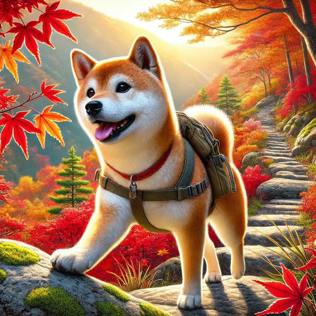 紅葉散歩を楽しむ柴犬