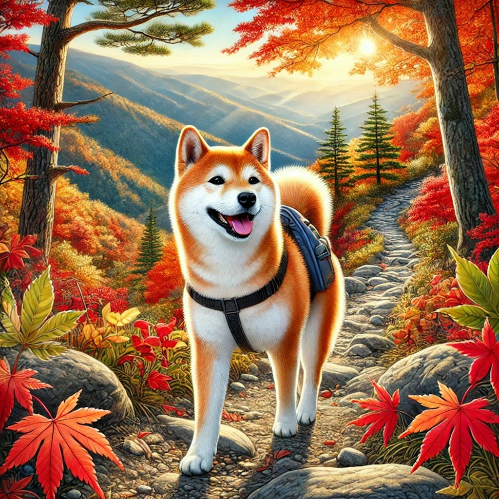 紅葉散歩を楽しむ柴犬