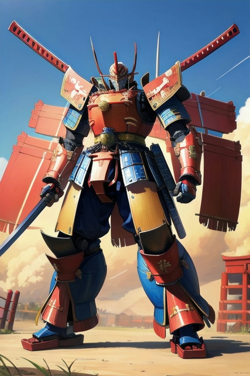 a giant robot based japanese armor samurai standing on ground(サムライロボ　ちちぷい生成版)