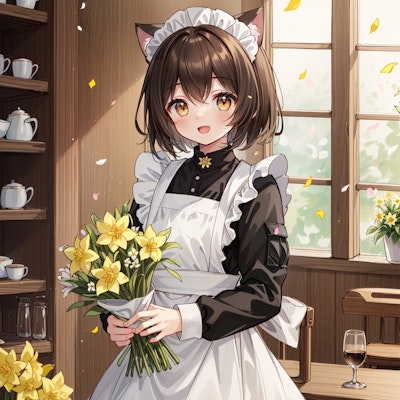 水仙の花と喫茶店で働く猫娘