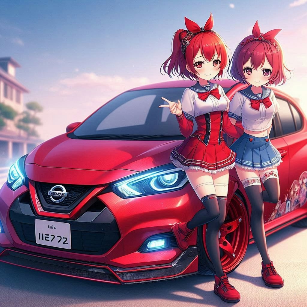 ラブライブキャラとレッドカラー日産マーチのドリ車