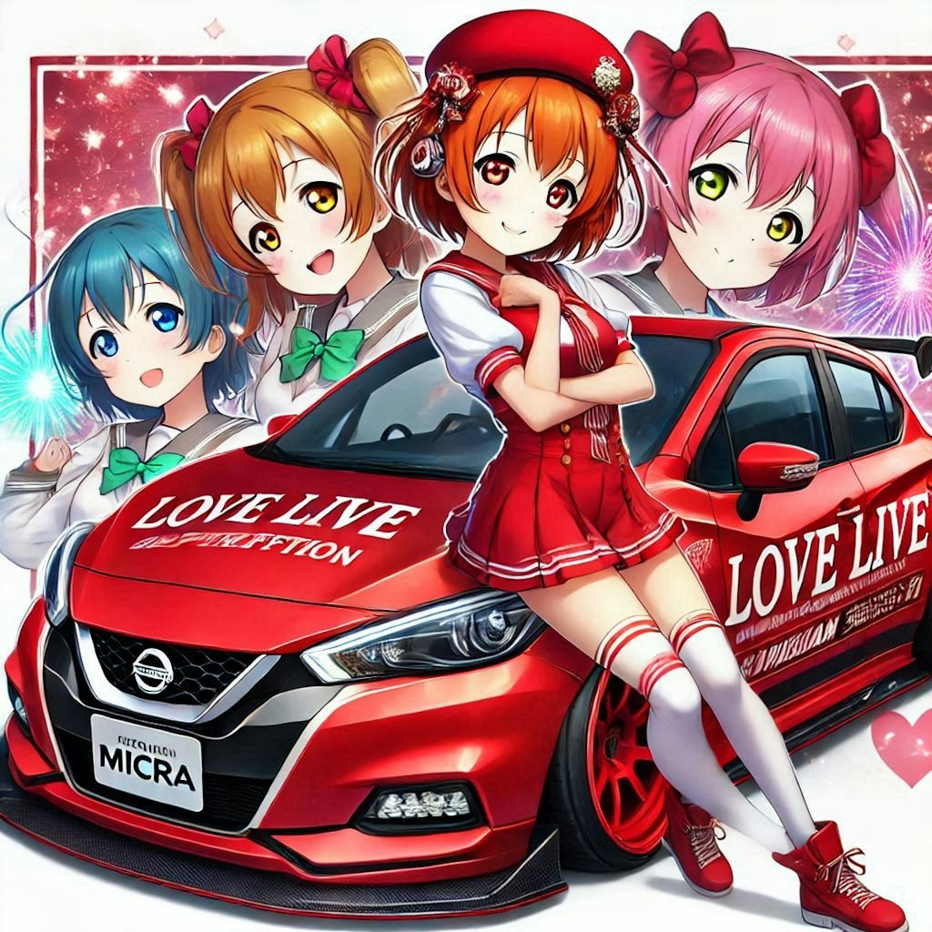 ラブライブキャラとレッドカラー日産マーチのドリ車