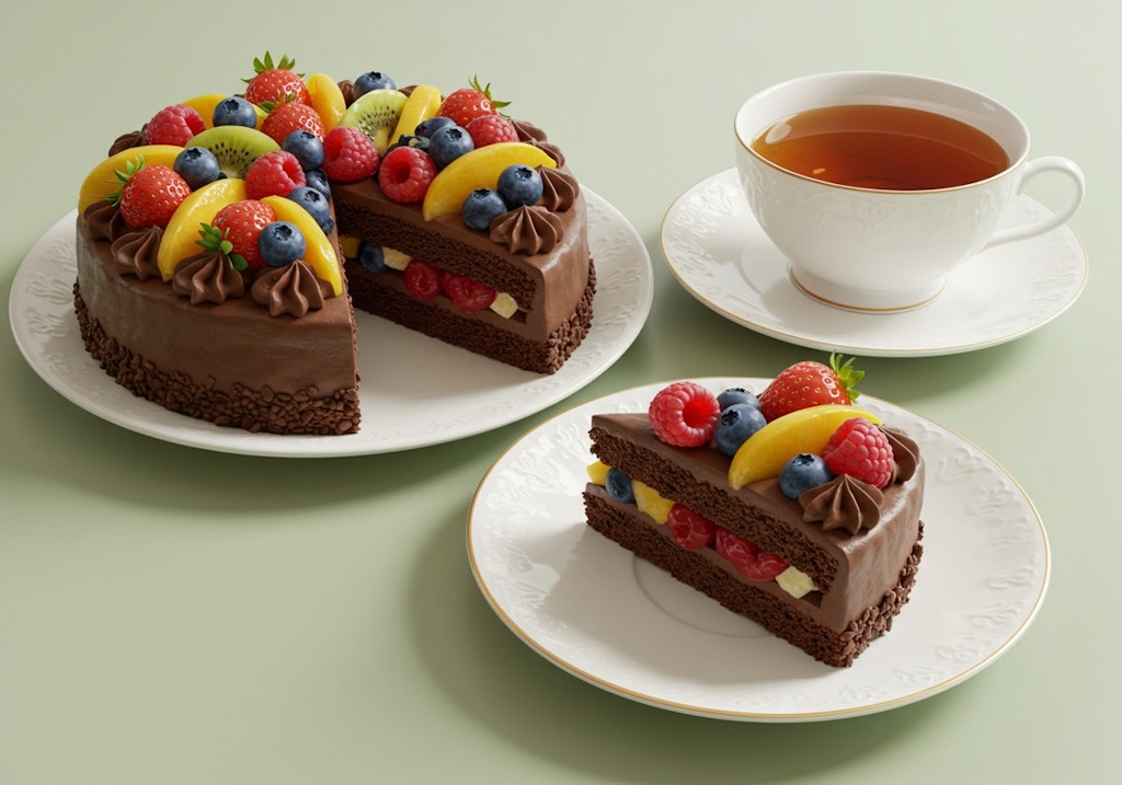 デザートのフルーツチョコレートケーキと紅茶のセット
