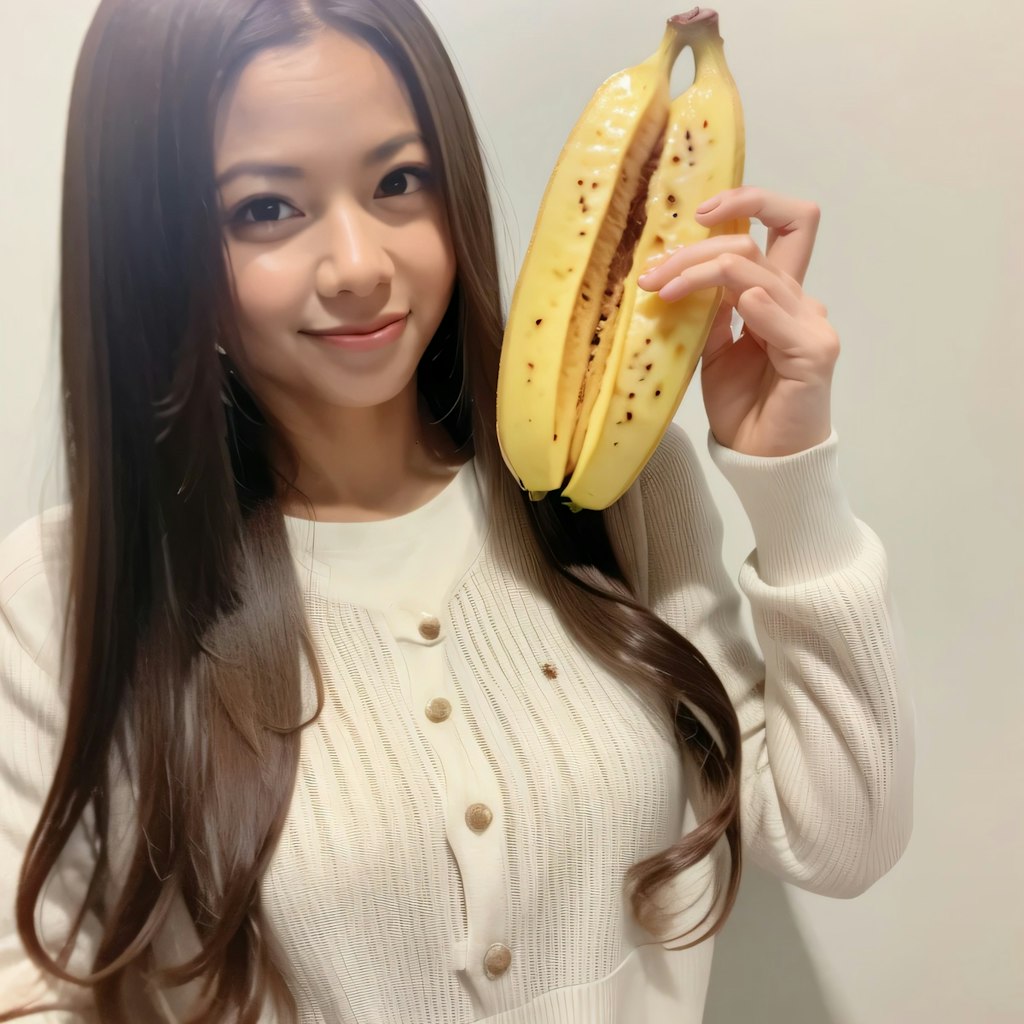 黒髪ロングでバナナの美女