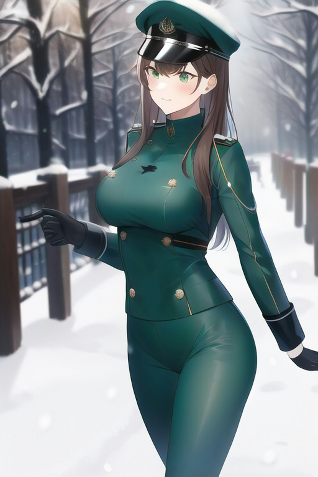 雪の中、ぴっちり軍服に身を包む女の子たち