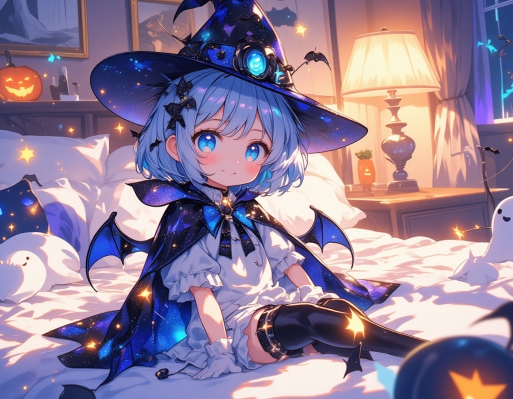 ハロウィンの夜の街角で微笑むチビキャラの少女