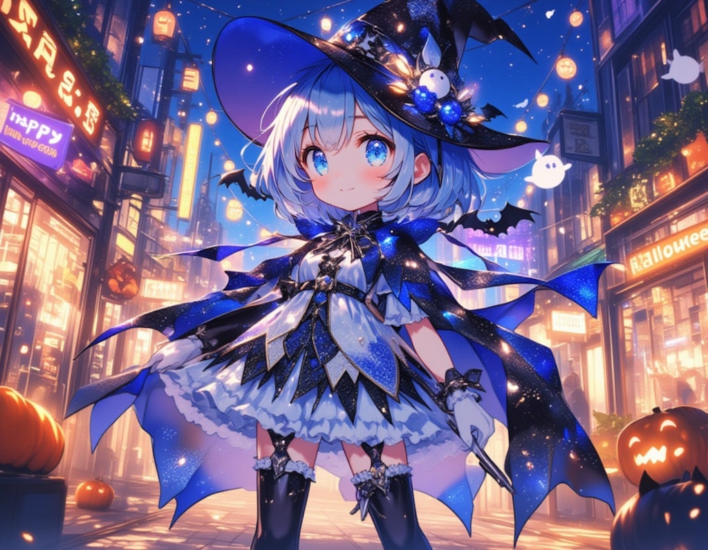 ハロウィンの夜の街角で微笑むチビキャラの少女