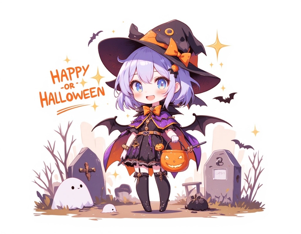 ハロウィンの夜の街角で微笑むチビキャラの少女