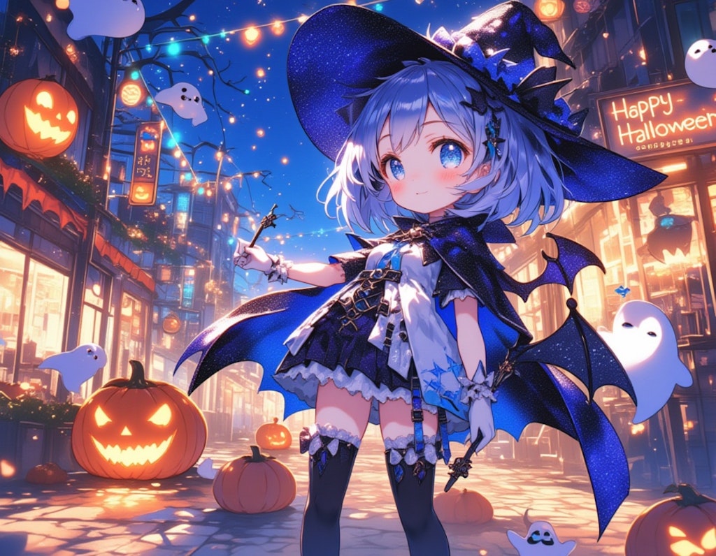 ハロウィンの夜の街角で微笑むチビキャラの少女