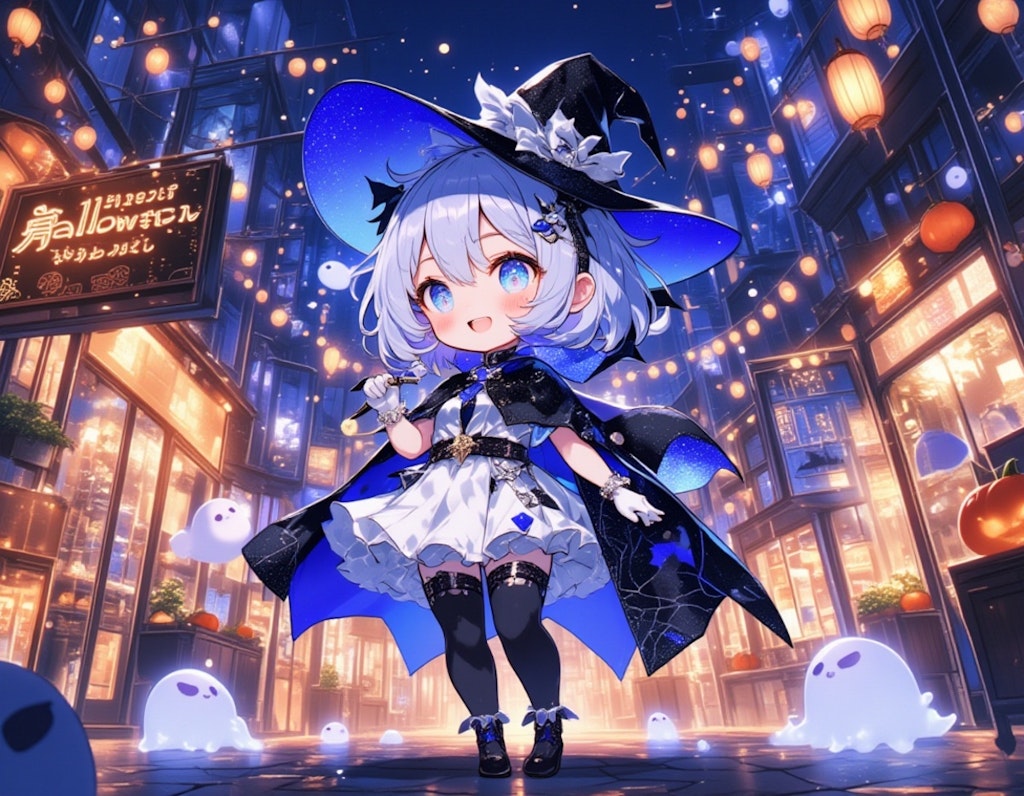 ハロウィンの夜の街角で微笑むチビキャラの少女