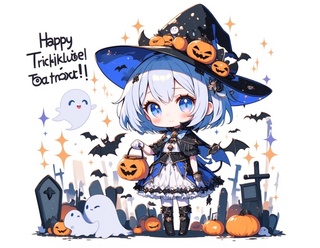 ハロウィンの夜の街角で微笑むチビキャラの少女