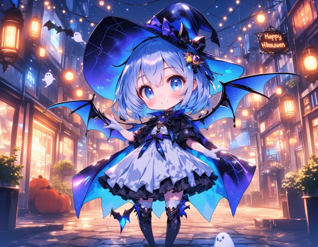 ハロウィンの夜の街角で微笑むチビキャラの少女