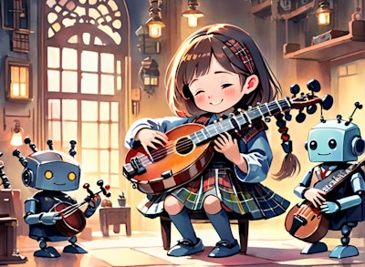楽器を演奏する女の子とロボット
