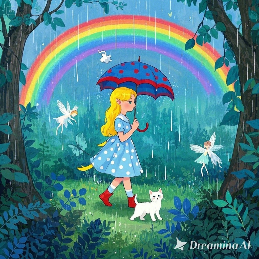 「虹の森のしずく姫」 ― 雨が降るたび、森に現れる少女と白猫のふしぎな旅 ―