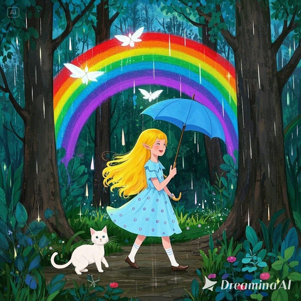 「虹の森のしずく姫」 ― 雨が降るたび、森に現れる少女と白猫のふしぎな旅 ―