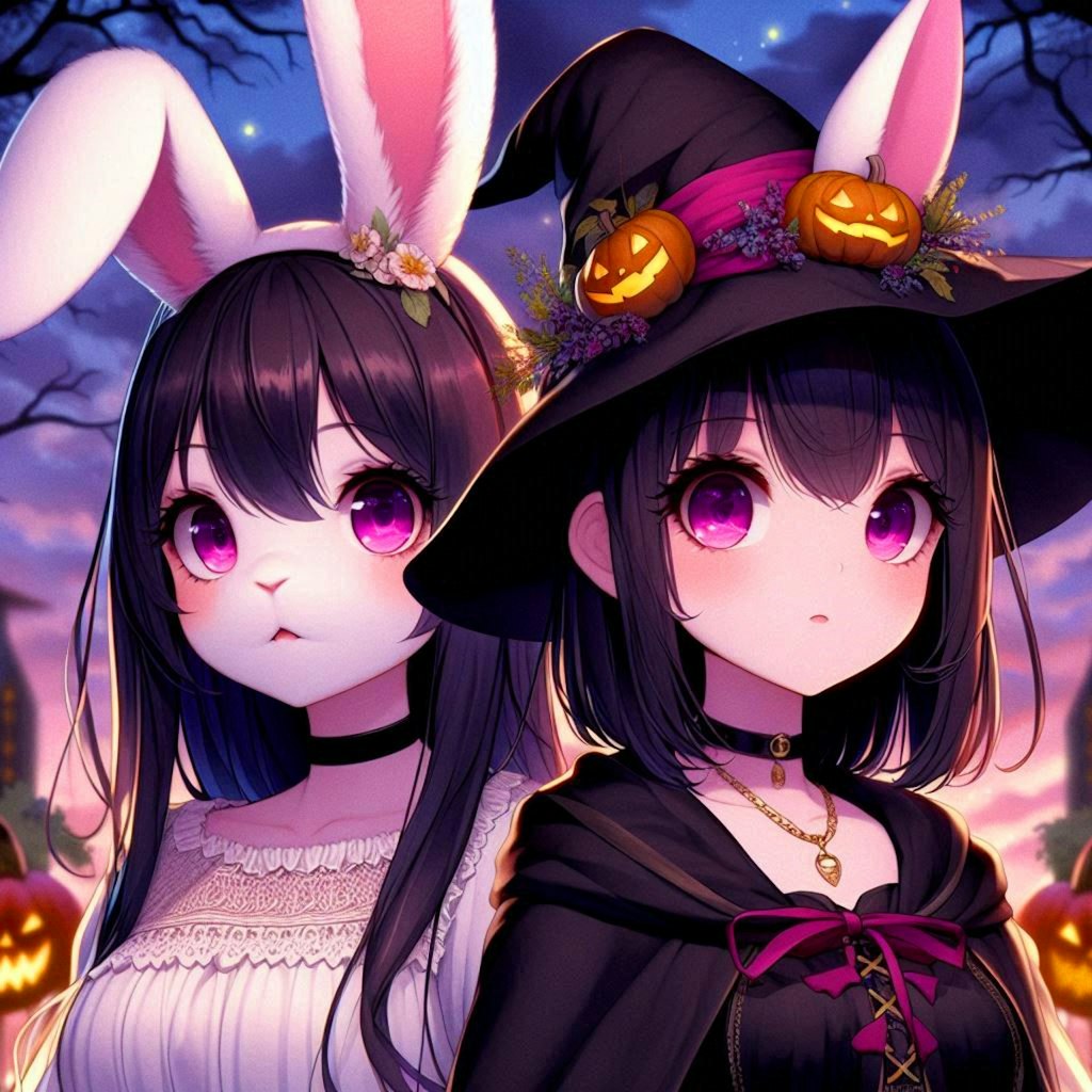 うさぎとハロウィンの黒髪ロング少女達★(2枚)