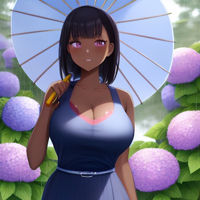 【褐色娘】紫陽花に囲まれる日焼け美人