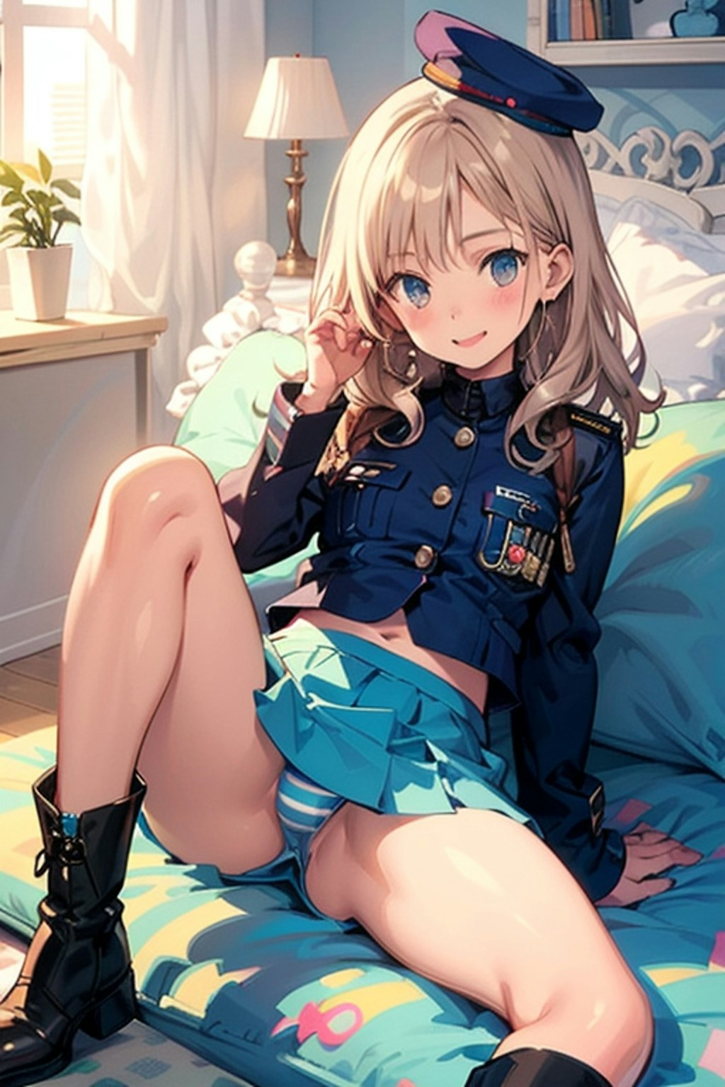 片膝立て軍服縞パン少女