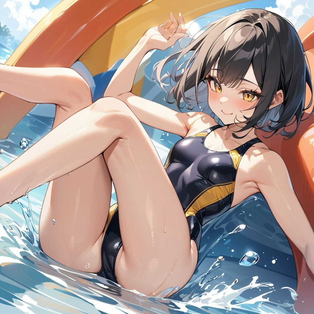 ちちぷい夏休み競泳水着の彼女がレジャープールにお出かけ！