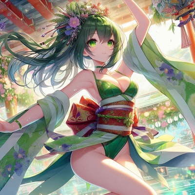 振袖風レオタードを着た緑髪美女ダンサー2 (5枚)