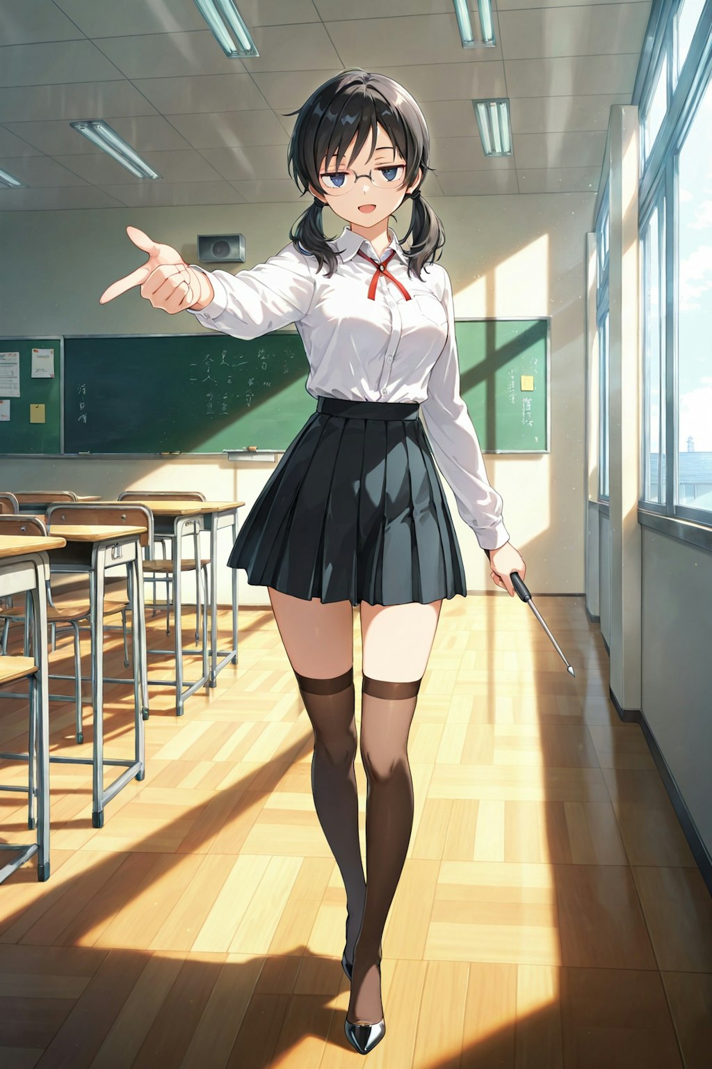 黒髪ツインテのコスプレをしたジト目先生