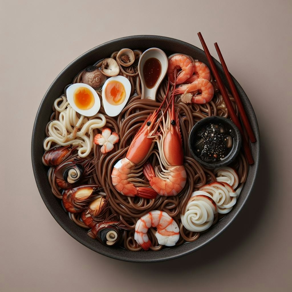 褐色肌のseafood noodle