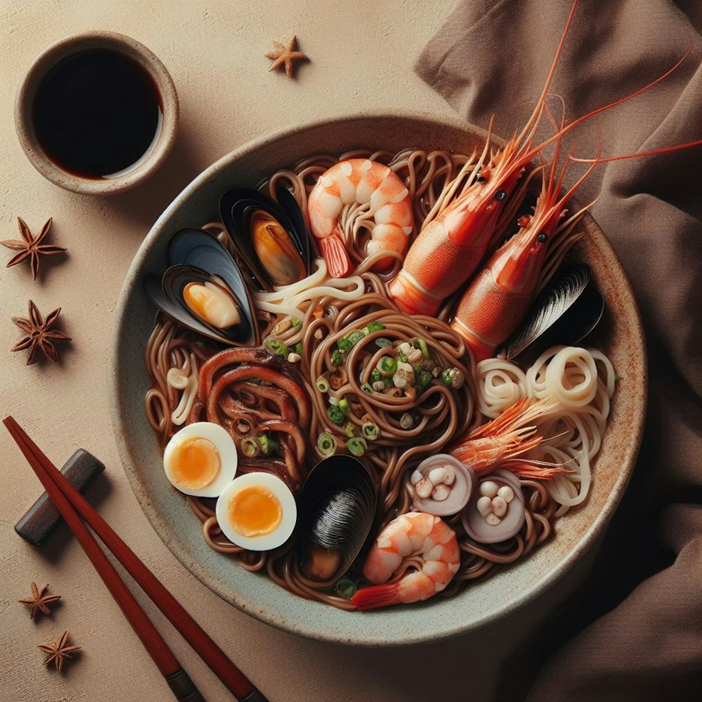 褐色肌のseafood noodle