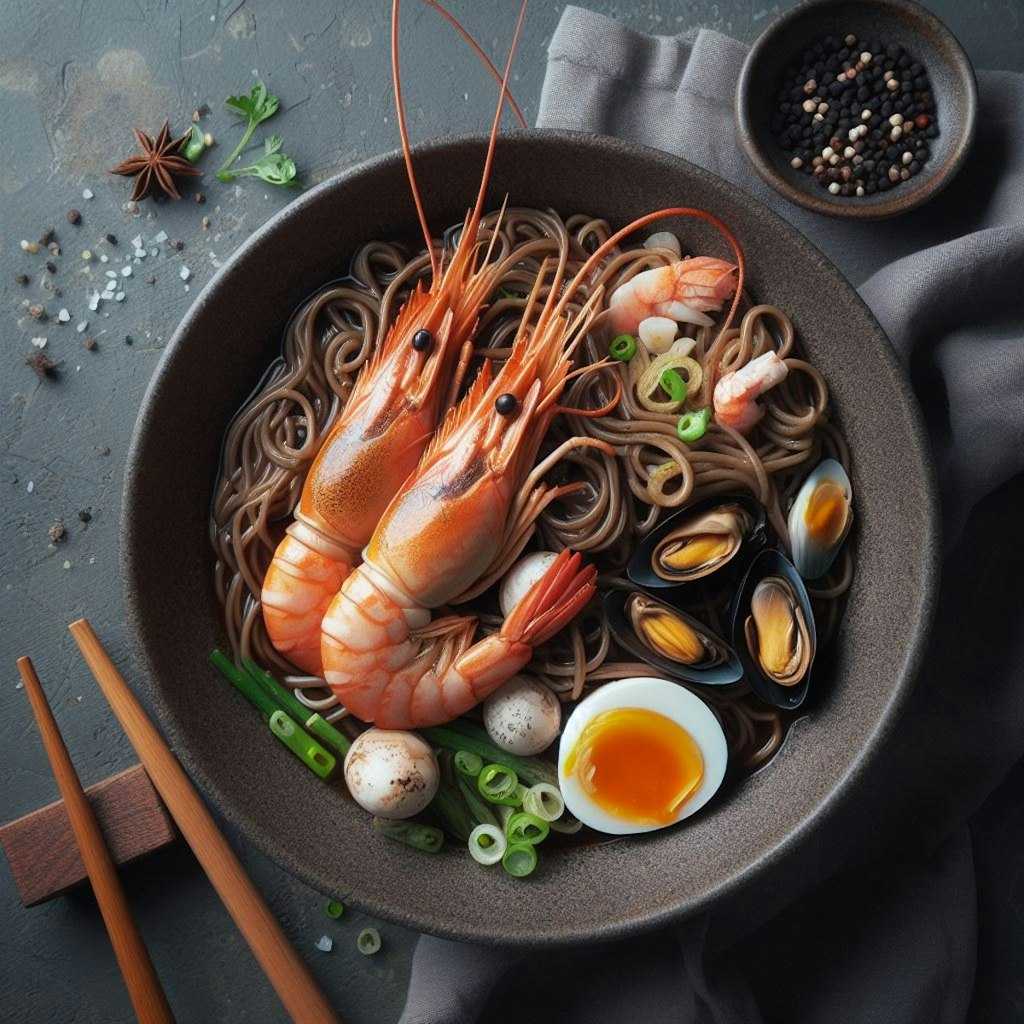 褐色肌のseafood noodle