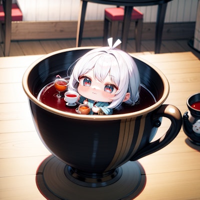 日本茶？の中でティータイムを楽しむちびちゃん