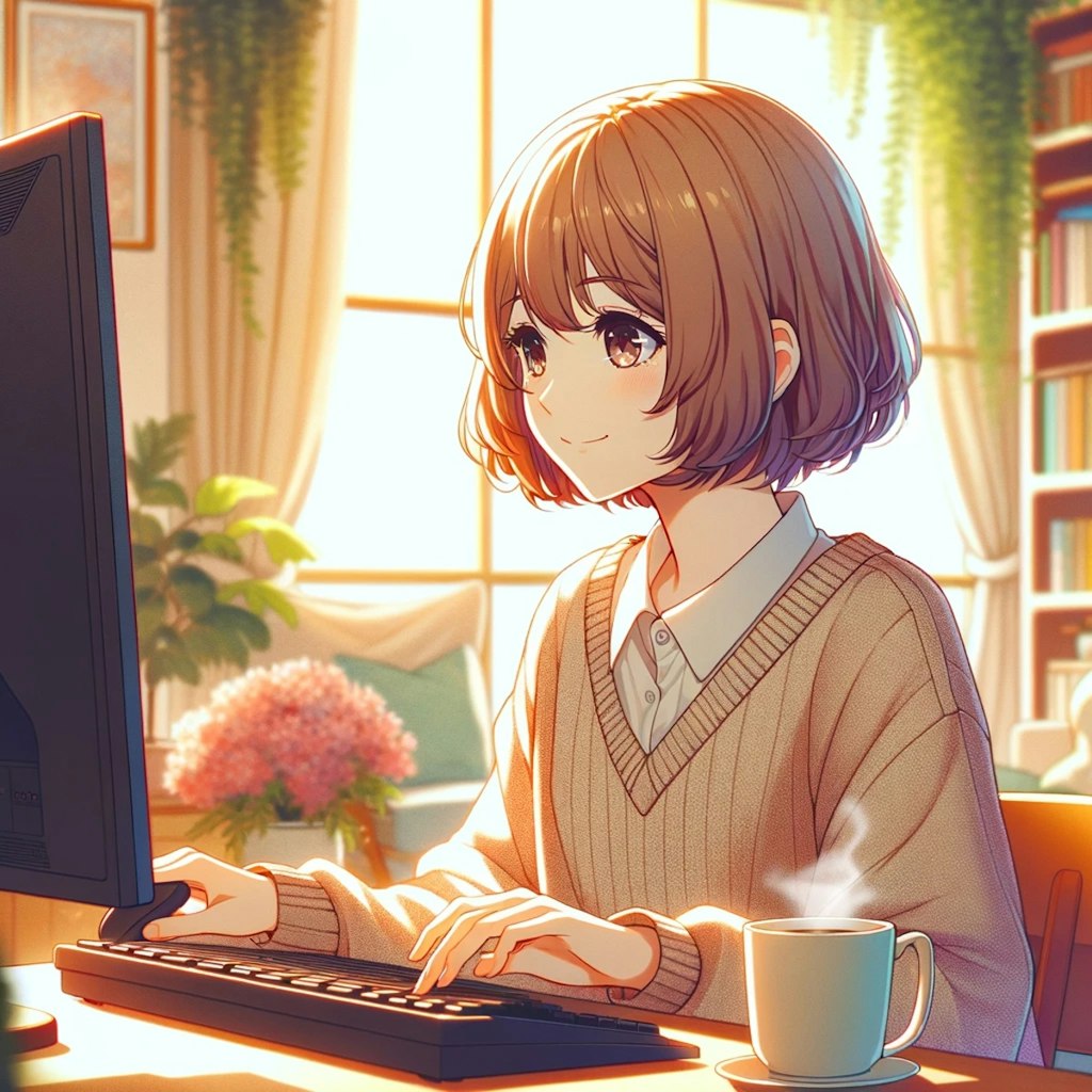 自宅のリビングでパソコンで作業をしている茶髪ボブカットの女性