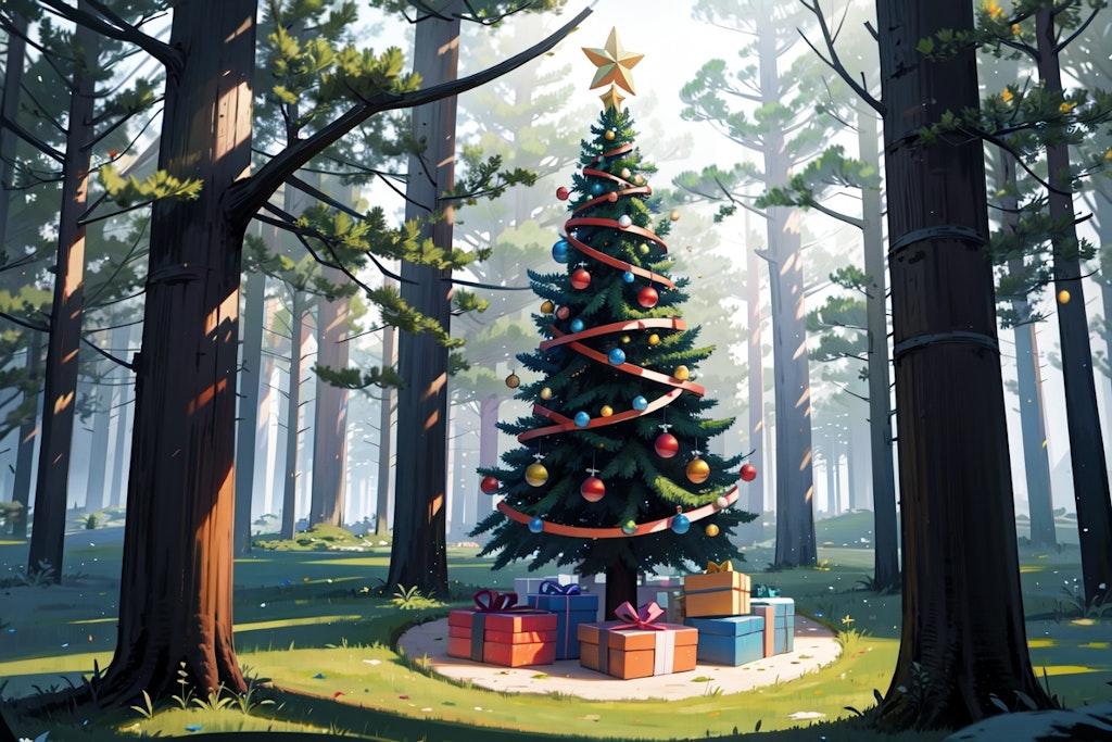 森にクリスマスツリーを飾る