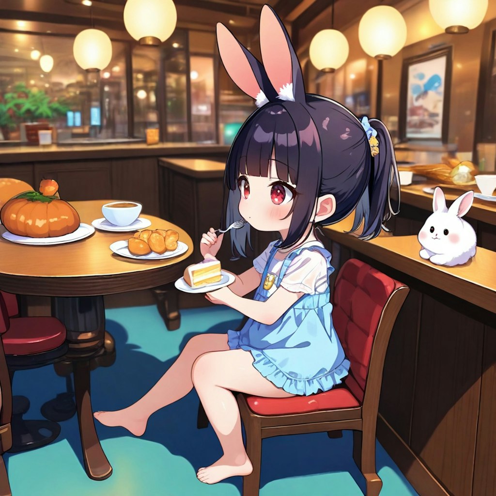 うさ耳くるみ、唐揚げを食べる