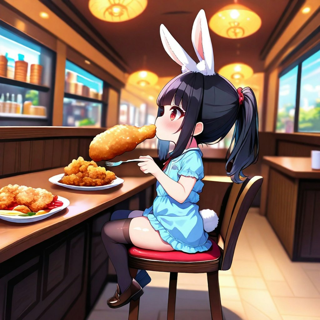 うさ耳くるみ、唐揚げを食べる